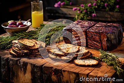 cedar plank and eggplant in a smoky barbecue setting Stock Photo