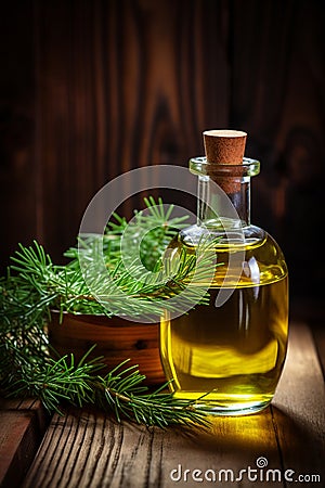 Cedarwood essential oil in a bottle. Generative AI, Stock Photo