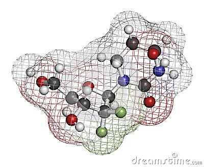 Cedazuridine drug molecule. 3D rendering. Atoms are represented as spheres with conventional color coding: hydrogen white, Stock Photo