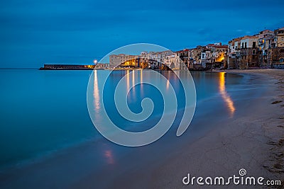 Cefalu, Sicily - Blue hour view of the beautiful Sicilian village of Cefalu Stock Photo