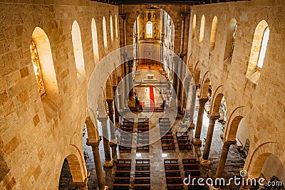 Cefalu,Sicily-June 6, 2021.Roman Catholic basilica,Duomo, decorated in Byzantine mosaic.Decorative art of Christ Pantokrator. Editorial Stock Photo