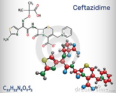 Ceftazidime molecule. It is cephalosporin, semisynthetic, antibacterial, antibiotic derived from cephaloridine. Vector Illustration