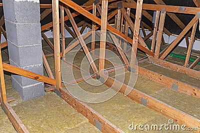 Ceiling and attic floor insulation made of rock wool between the trusses, visible system chimney. Stock Photo