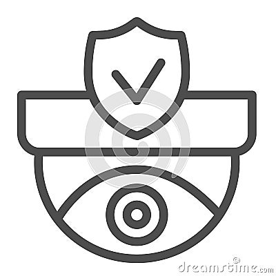 Ceiling camera with protection emblem, cctv, shield line icon, CCTV concept, safety vector sign on white background Vector Illustration