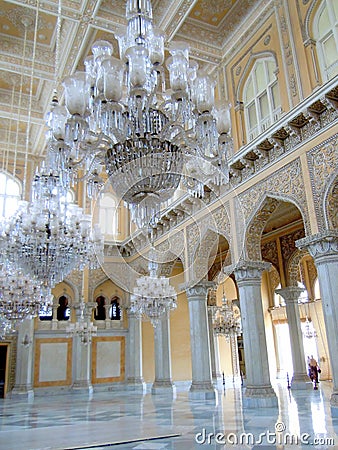 Ceiling chandeliers at historic Nizam palace in India Stock Photo