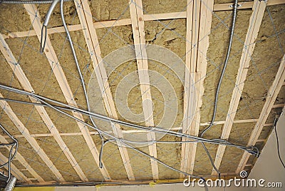 Ceiling construction detail. Close up on ceiling construction details with electricity wire. Building construction gypsum plaster Stock Photo