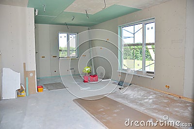 Ceiling construction details with electricity wire. Building construction gypsum plaster walls, drywall and ceiling. Stock Photo