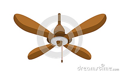 Ceiling fan flat vector illustration. Hanging wooden spinning propeller. Summer hot air cooling tool isolated on white Vector Illustration