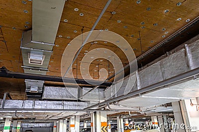 Ceiling insulation, ventilation system air ducts Stock Photo