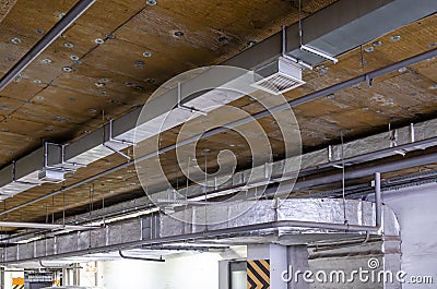 Ceiling insulation, ventilation system air ducts Stock Photo
