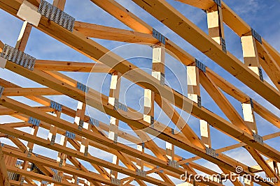 Ceiling joists and rafters of new home under construction. Stock Photo