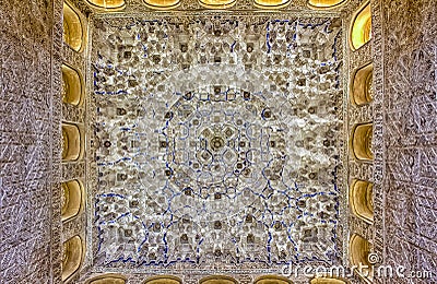Ceiling with Moorish ornaments and architecture in Alhambra Palace, the Moorish citadel in Granada Editorial Stock Photo