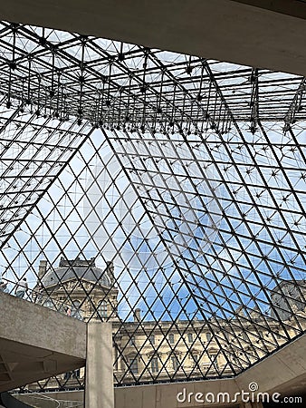 the ceiling in the museum has a glass pyramid and a skylight Editorial Stock Photo