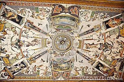 Ceiling painting in the Uffizi Gallery. Fragment. Grotesque frescoes on the ceilings. South corridor. Uffizi Gallery. Florence. Editorial Stock Photo