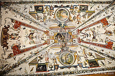 Ceiling painting in the Uffizi Gallery. Fragment. Grotesque frescoes on the ceilings. South corridor. Uffizi Gallery. Florence. Editorial Stock Photo