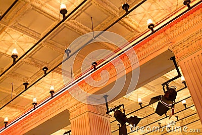 Ceiling of the People`s House, Bucharest, with light installations Editorial Stock Photo