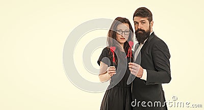 Celebrate anniversary. Married couple hold red hearts. Happy relationship concept. Trustful relations. Happy valentines Stock Photo
