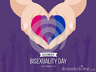 Celebrate Bisexuality Day banner with paper heart Bisexuality color symbol on hand holding vector design Vector Illustration