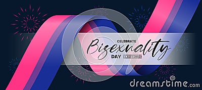 Celebrate bisexuality day text with long bisexual flag roll waving around on dark background with firework vector design Vector Illustration
