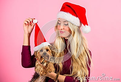 Celebrate christmas with pets. Reason love christmas with pets. Have fun. Pet safety during christmas. Woman and Stock Photo