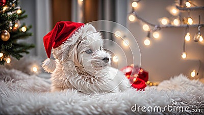 celebrate cute dog wearing santa hat funny looking beautiful fur Stock Photo