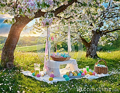 Easter Picnic in a Blooming Orchard on a Sunny Day Stock Photo