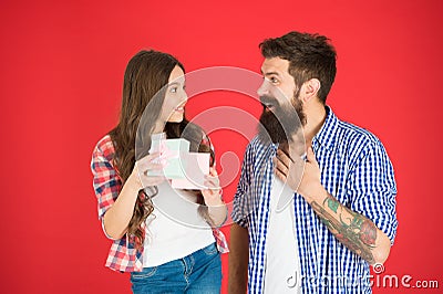 Celebrate fathers day. Family values concept. Friendly relations. Father and his daughter. Gift surprise. Something Stock Photo