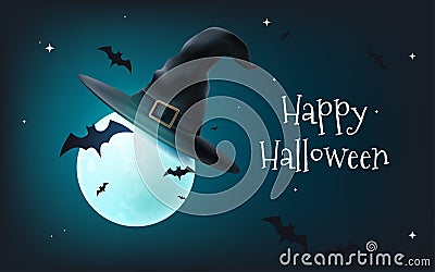 Celebrate Happy Halloween with this spooky vector illustration banner. A full moon in a witch hat, bats, and a haunting scene make Vector Illustration