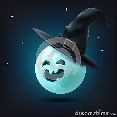 Celebrate Happy Halloween with this spooky vector illustration. A full moon in a witch hat, bats, and a haunting scene make it Vector Illustration