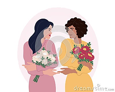 Celebrate International Womens Day. Women of different nationalities and cultures hold hands. Beautiful women hold Stock Photo