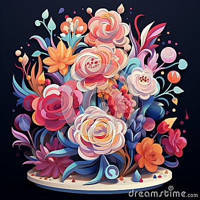 Vibrant Bouquet of Flowers Blooming from Birthday Cake Cartoon Illustration