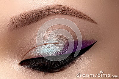 Celebrate Macro Eyes with Smoky Cat Eye Makeup. Cosmetics and Make-up. Closeup of Fashion Visage with Liner, Eyeshadows Stock Photo