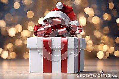 Santa hat on top of a gift box, christmas wallpaper, xmas time Stock Photo