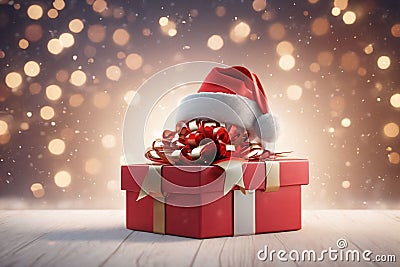 Santa hat on top of a gift box, christmas wallpaper, xmas time Stock Photo
