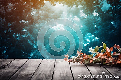 board rustic wooden blank design table background wood leaf bokeh flowers. Generative AI. Stock Photo