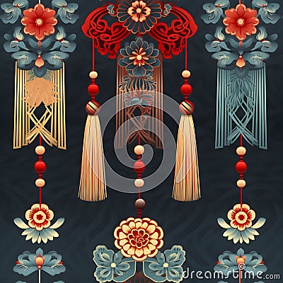 Chinese Knots and Tassels with seamless pattern Stock Photo