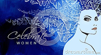 Celebrate Women beautiful woman with iconic butterfly hair in blue graphic Stock Photo