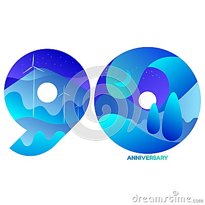 Celebrating, anniversary of number 90, 90th year anniversary, green concept cool tone with blue and green Vector Illustration