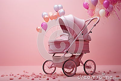 Celebrating the birth of a girl with a pink baby stroller Stock Photo