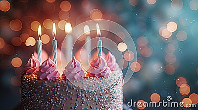 Celebrating with Bokeh: Realistic Birthday Party Photography Featuring Pastel Cake with Candles on Left Side Stock Photo