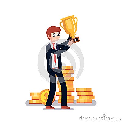 Celebrating businessman holding winner gold cup Vector Illustration