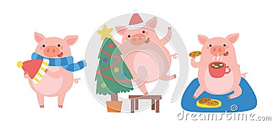 Celebrating Christmas with Cute pig in different situations. Vector Illustration