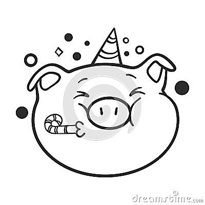 Celebrating emoticon icon. A pig for coloring book Vector Illustration