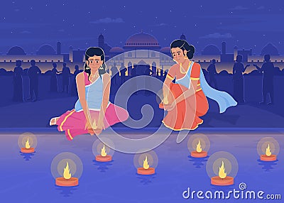 Celebrating festival of lights at blue hour flat color vector illustration Vector Illustration