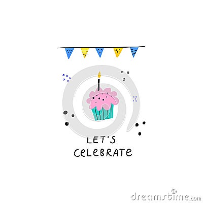 Celebrating first bday flat greeting card template Vector Illustration