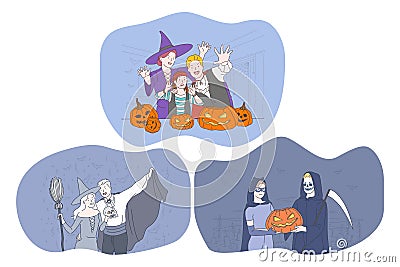 Celebrating Halloween holiday in spooky costumes concept Vector Illustration