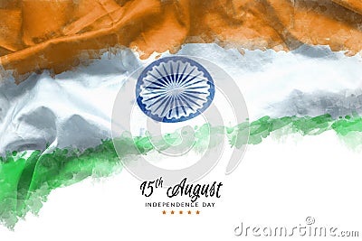 Celebrating India Independence Day greeting card with Indian waving flag grunge by water color paint background. Stock Photo