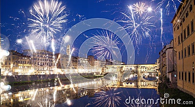 celebrating New year& x27;s eve in Florence, Italy - explosive fireworks around ponte vecchio on river arno Editorial Stock Photo