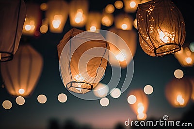 celebrating night flying paper lamps lights in the sky Generative AI Stock Photo