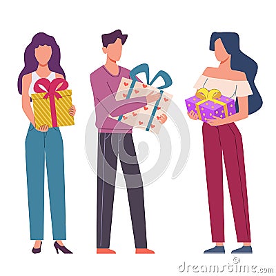 Celebrating people with gifts. Happy characters group holding presents with ribbons, fun company congratulations friend Vector Illustration